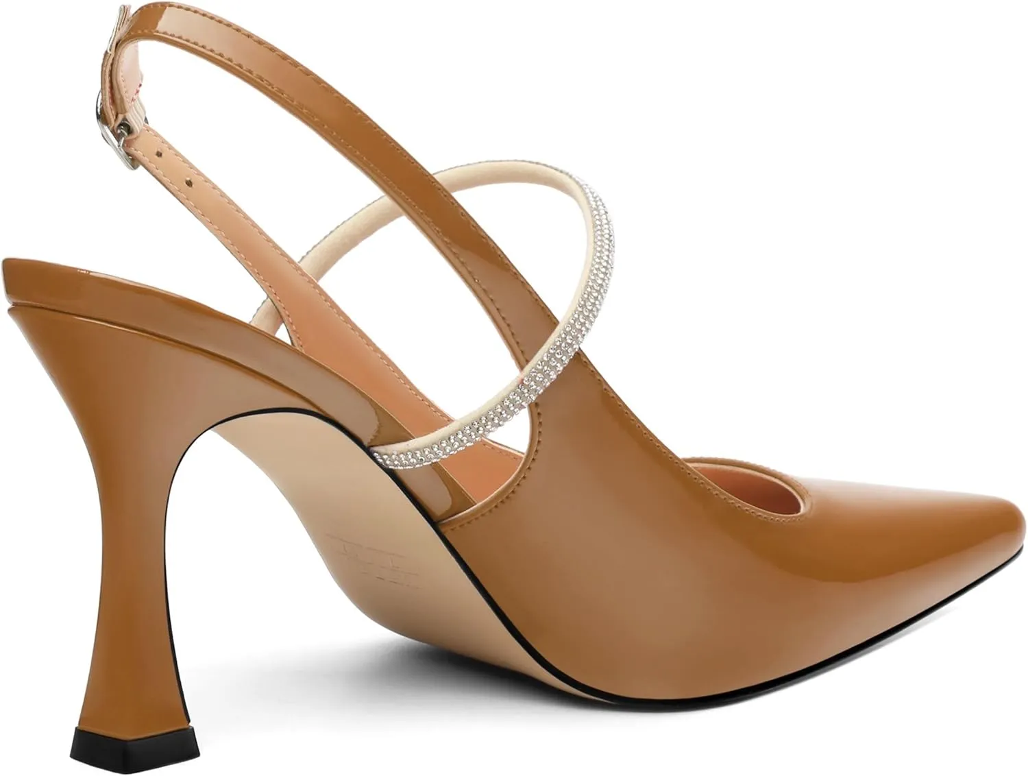 Women's Slingback Kitten Heels, Closed Pointed Toe Patent Leather Stiletto High Heel Pumps Crystal Ankle Strap Heels Party Wedding Dating Dress Shoes 3.35 Inch