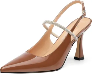 Women's Slingback Kitten Heels, Closed Pointed Toe Patent Leather Stiletto High Heel Pumps Crystal Ankle Strap Heels Party Wedding Dating Dress Shoes 3.35 Inch