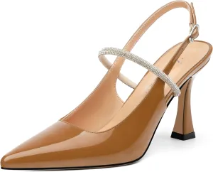 Women's Slingback Kitten Heels, Closed Pointed Toe Patent Leather Stiletto High Heel Pumps Crystal Ankle Strap Heels Party Wedding Dating Dress Shoes 3.35 Inch