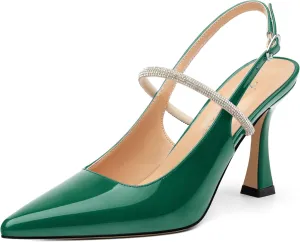 Women's Slingback Kitten Heels, Closed Pointed Toe Patent Leather Stiletto High Heel Pumps Crystal Ankle Strap Heels Party Wedding Dating Dress Shoes 3.35 Inch