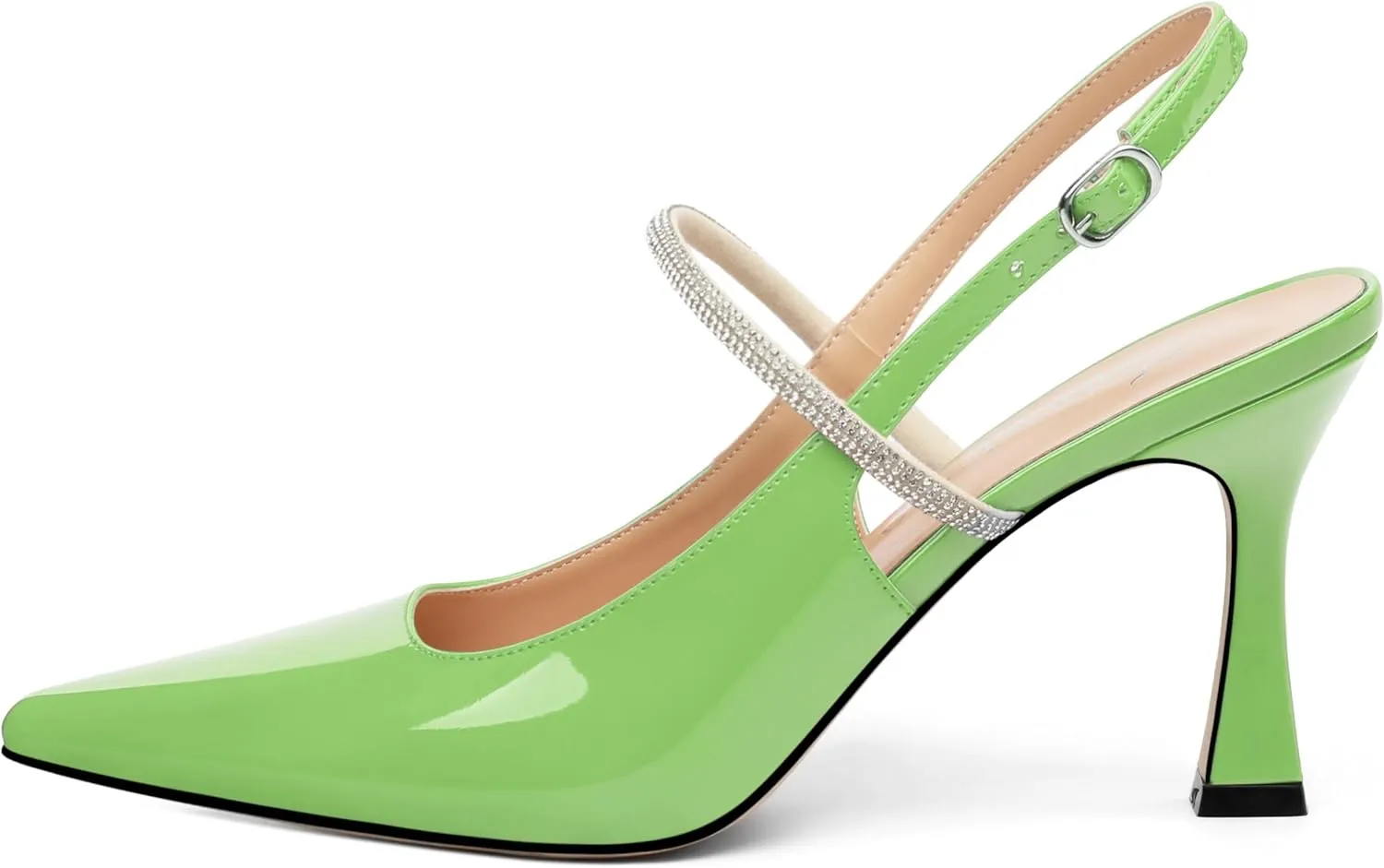 Women's Slingback Kitten Heels, Closed Pointed Toe Patent Leather Stiletto High Heel Pumps Crystal Ankle Strap Heels Party Wedding Dating Dress Shoes 3.35 Inch