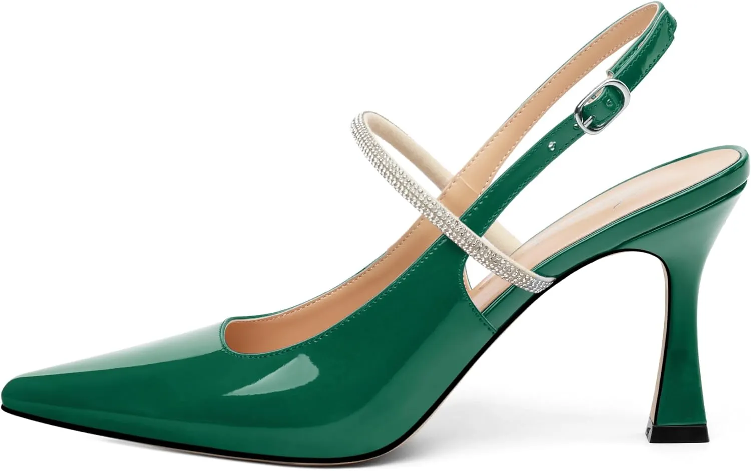 Women's Slingback Kitten Heels, Closed Pointed Toe Patent Leather Stiletto High Heel Pumps Crystal Ankle Strap Heels Party Wedding Dating Dress Shoes 3.35 Inch