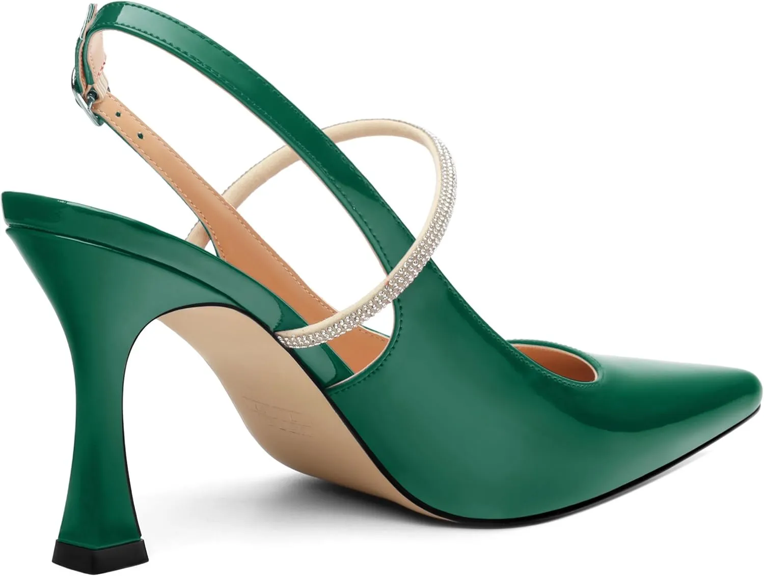 Women's Slingback Kitten Heels, Closed Pointed Toe Patent Leather Stiletto High Heel Pumps Crystal Ankle Strap Heels Party Wedding Dating Dress Shoes 3.35 Inch