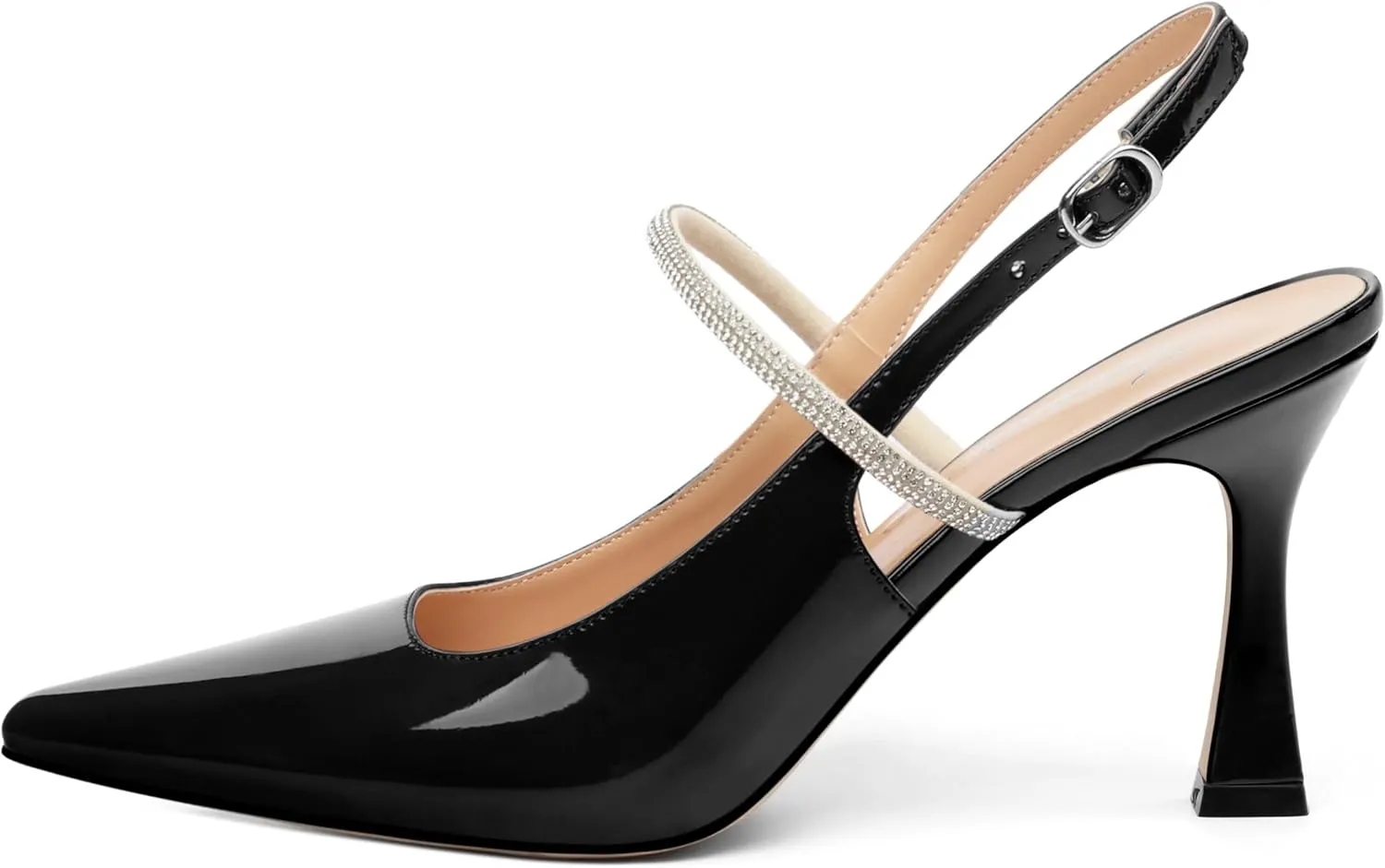 Women's Slingback Kitten Heels, Closed Pointed Toe Patent Leather Stiletto High Heel Pumps Crystal Ankle Strap Heels Party Wedding Dating Dress Shoes 3.35 Inch
