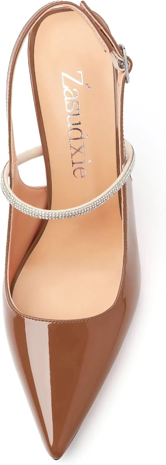 Women's Slingback Kitten Heels, Closed Pointed Toe Patent Leather Stiletto High Heel Pumps Crystal Ankle Strap Heels Party Wedding Dating Dress Shoes 3.35 Inch
