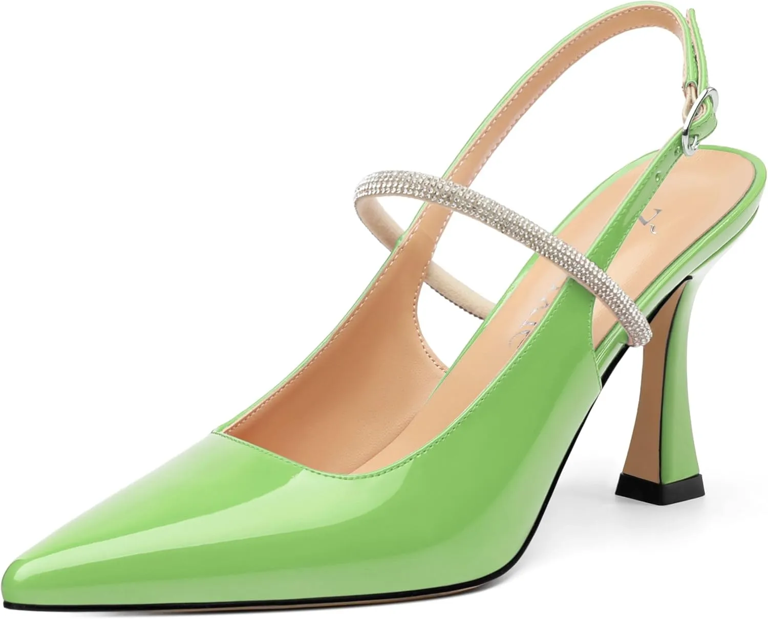 Women's Slingback Kitten Heels, Closed Pointed Toe Patent Leather Stiletto High Heel Pumps Crystal Ankle Strap Heels Party Wedding Dating Dress Shoes 3.35 Inch