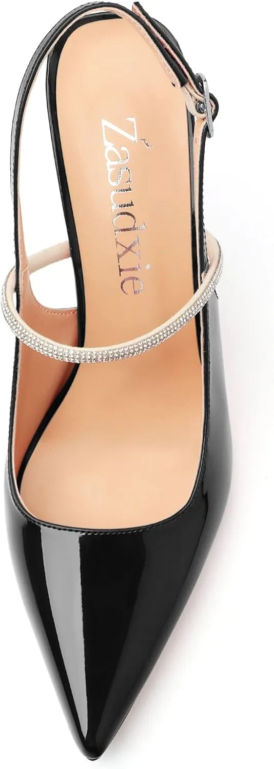 Women's Slingback Kitten Heels, Closed Pointed Toe Patent Leather Stiletto High Heel Pumps Crystal Ankle Strap Heels Party Wedding Dating Dress Shoes 3.35 Inch