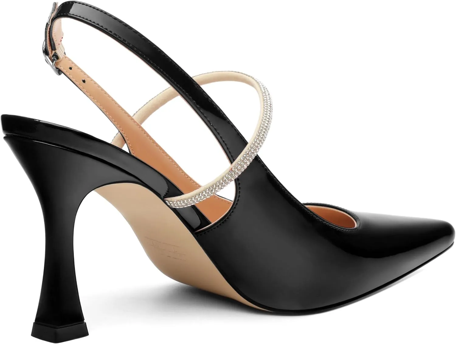 Women's Slingback Kitten Heels, Closed Pointed Toe Patent Leather Stiletto High Heel Pumps Crystal Ankle Strap Heels Party Wedding Dating Dress Shoes 3.35 Inch