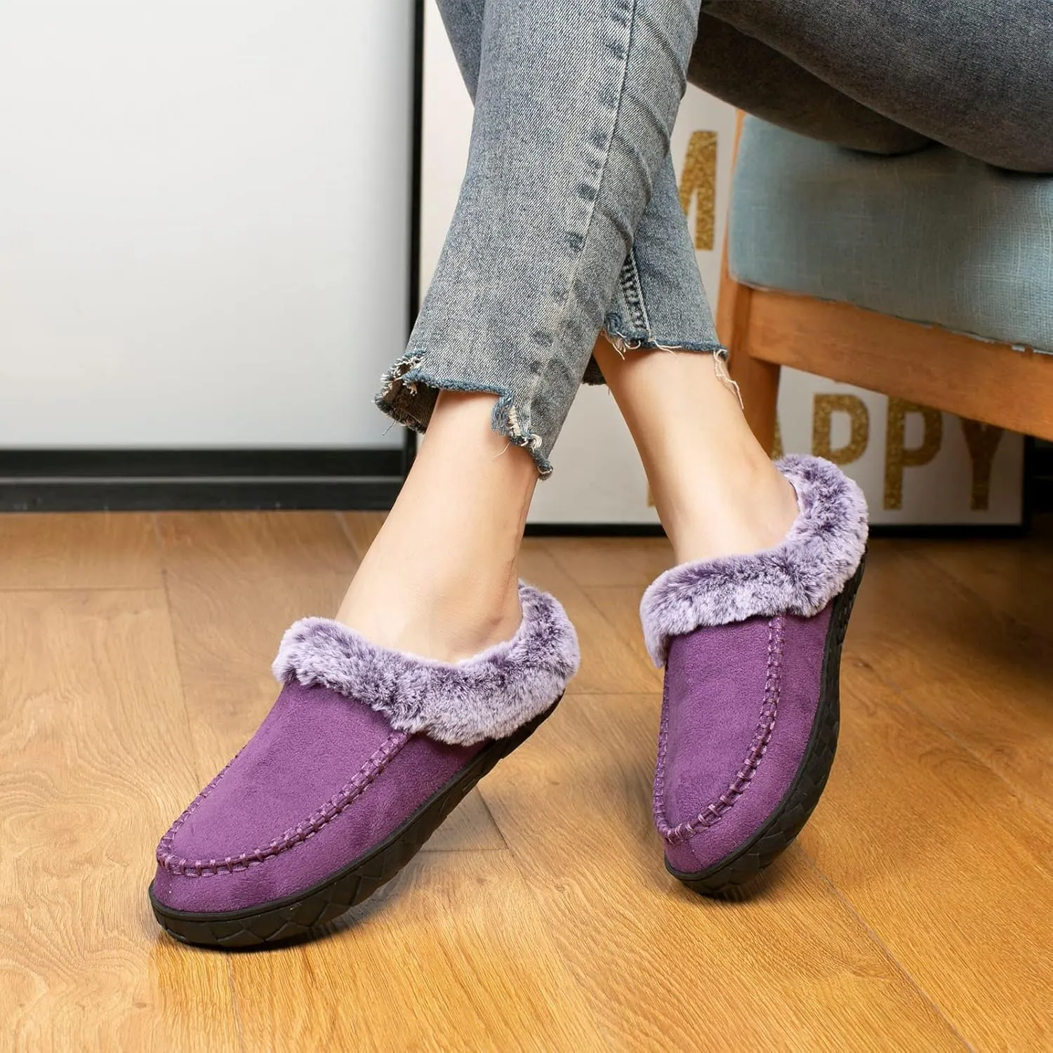 Women's Slippers Suede Moccasin Fuzzy Lined Memory Foam House Shoes for Indoor Outdoor