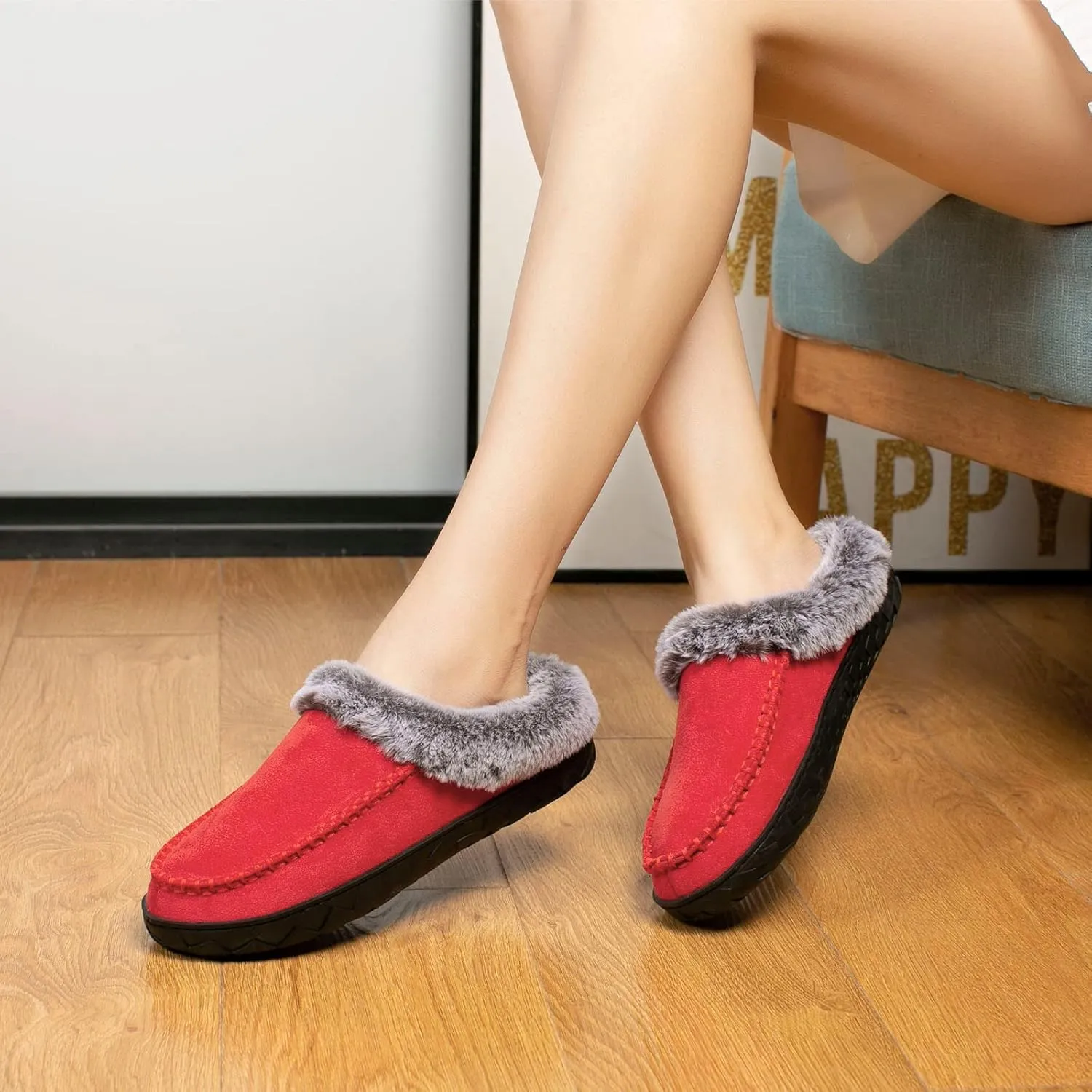 Women's Slippers Suede Moccasin Fuzzy Lined Memory Foam House Shoes for Indoor Outdoor