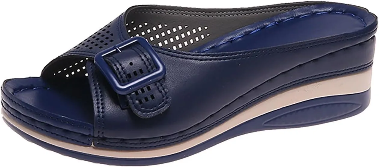 Womens Wedge Sandals Orthopedic Slippers for Women Open Toe Slip On Platform Slippers, Hollow Out Buckle Breathable Sandals Beach Comfortable Platform Wedges