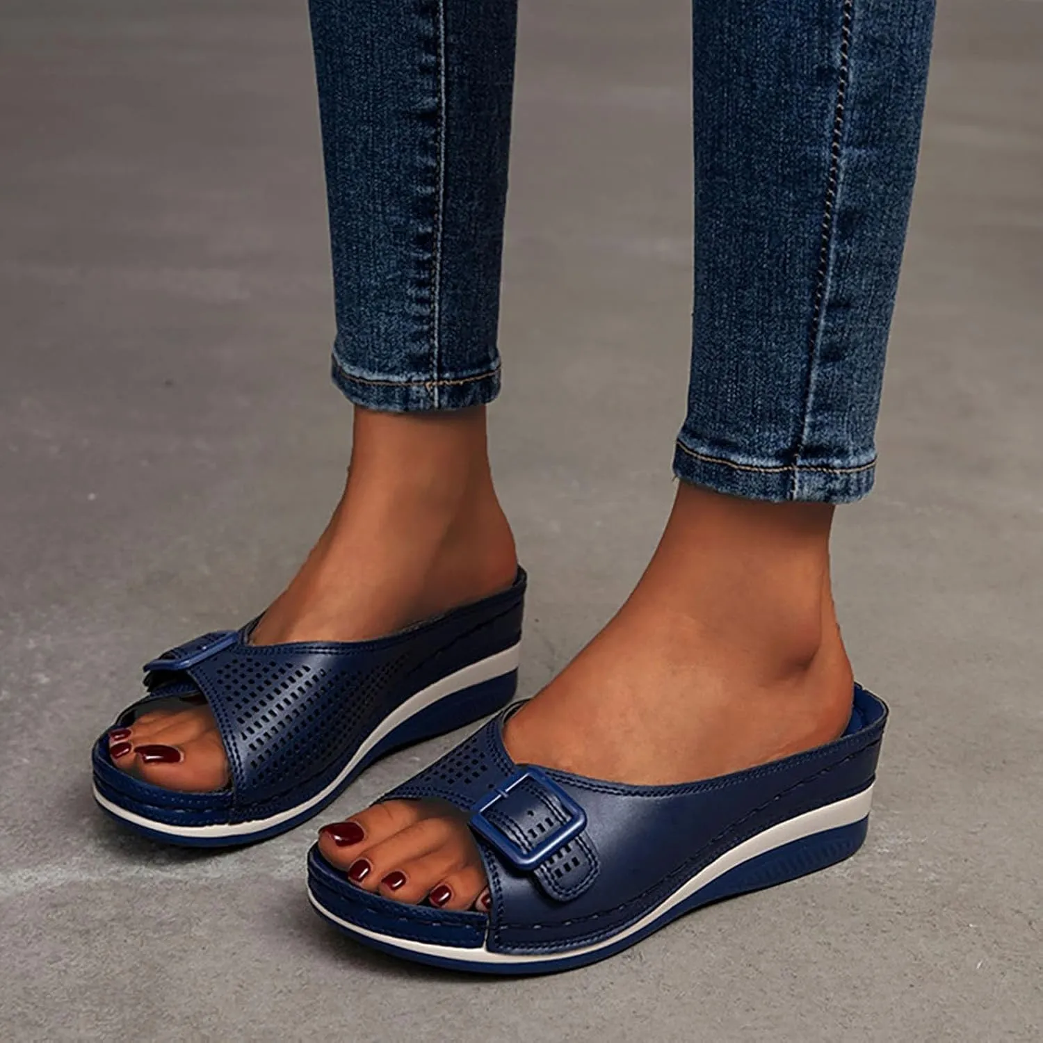 Womens Wedge Sandals Orthopedic Slippers for Women Open Toe Slip On Platform Slippers, Hollow Out Buckle Breathable Sandals Beach Comfortable Platform Wedges