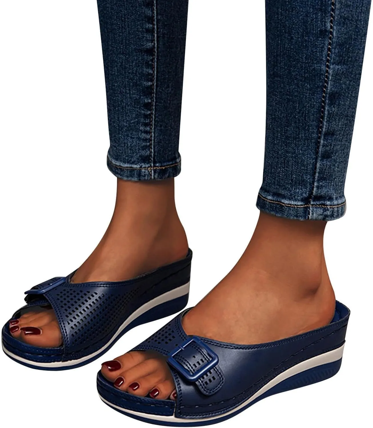 Womens Wedge Sandals Orthopedic Slippers for Women Open Toe Slip On Platform Slippers, Hollow Out Buckle Breathable Sandals Beach Comfortable Platform Wedges