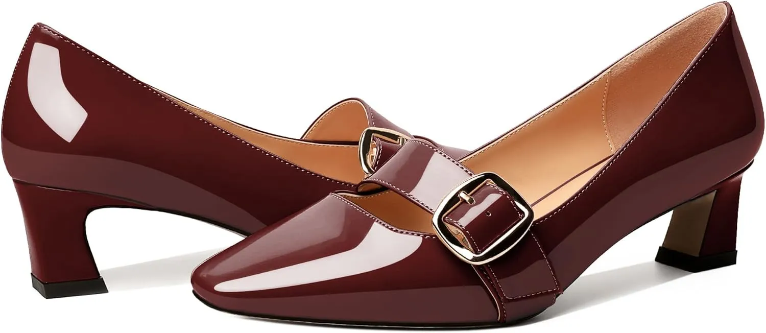Zamikoo Women's Square Toe Kitten Heel Pumps Slip On Low Heels with Buckle Strap 2 Inches Heeled Pumps Shoes for Office Wedding Dress Comfortable